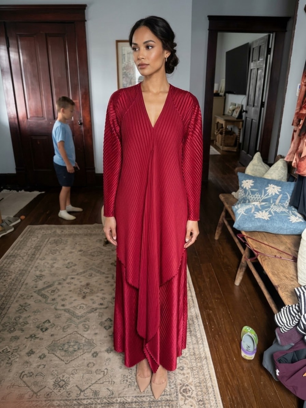 Mashiah Red Plisse Pleated Asymmetrical Maxi Dress Gown M